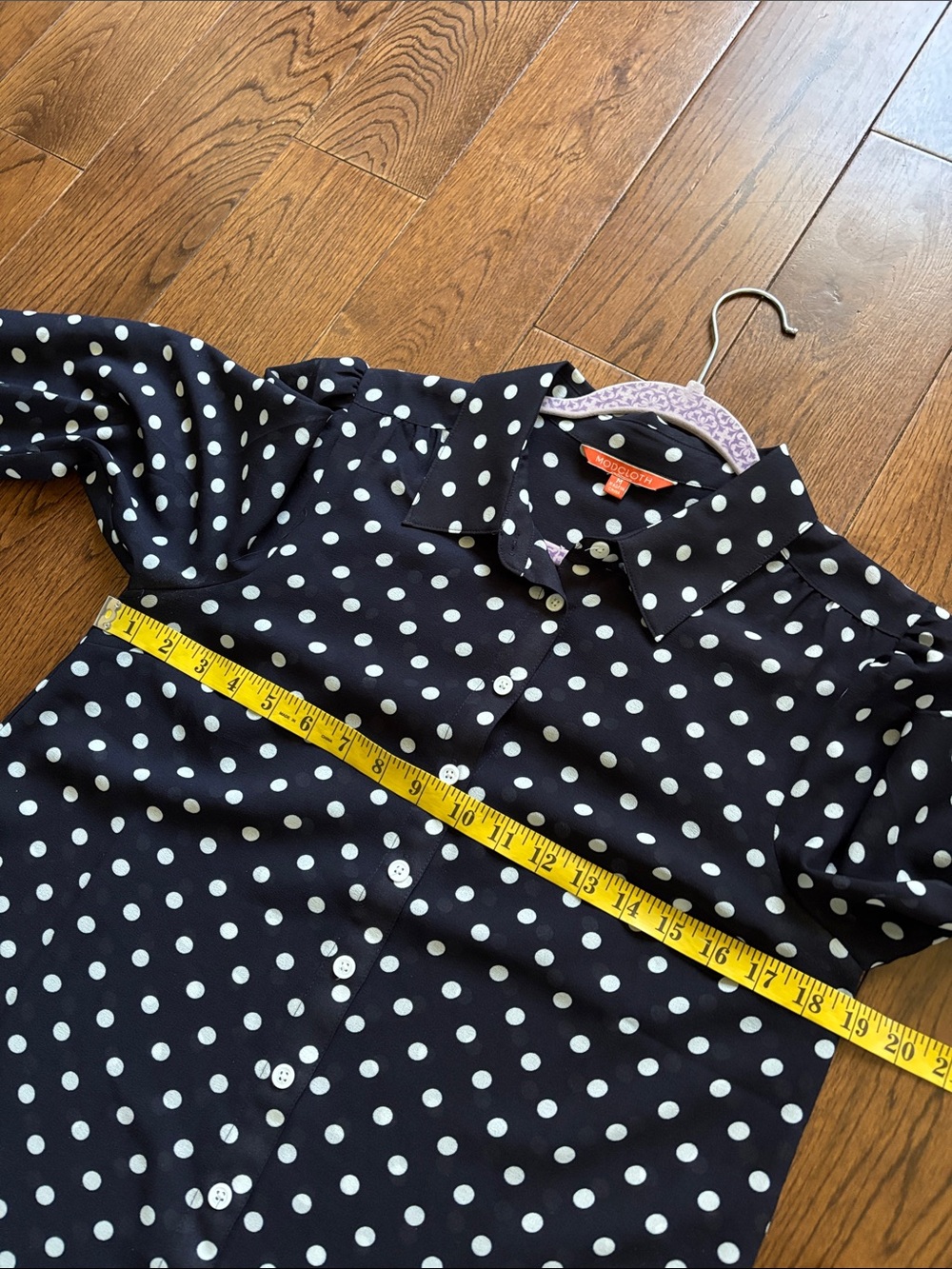 ModCloth Navy Blue & white Polka Dot Sheer Button-Up Collar Blouse Size Medium - Picture 3 of 13